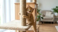 Ginger tabby kitten climbing rope-wrapped post on wooden cat tree in bright living room with furniture and plants.