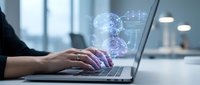 Professional businesswoman typing on laptop with holographic dollar sign and financial data visualization in modern office environment for fintech applications.