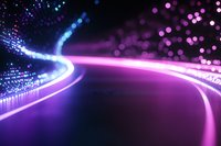 Glowing curved light trail with purple and blue bokeh effects against dark background creates futuristic path leading into distance, abstract technology concept.