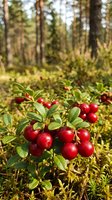 Fresh red cranberries growing on low shrubs in natural forest environment with pine trees and moss ground cover during harvest season.