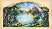 Enchanted fairy tale landscape with magical castle, ancient tree, and mystical lake in ornate decorative frame for fantasy storytelling and children's book art.
