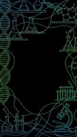 Science laboratory equipment frame with DNA strands, test tubes, microscope and molecular structures in neon outline style on black background.