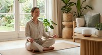 Young woman practicing meditation in bright living room with plants and natural light creating peaceful wellness atmosphere at home.