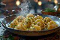 Steaming hot dumplings served on ceramic plate with herbs and butter sauce, perfect for restaurant menu or food blog. Homemade traditional cuisine photographed in rustic setting.