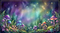Enchanted forest floor with bioluminescent mushrooms and glowing aurora lights in night sky, magical woodland scene for fantasy and nature designs.