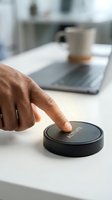 Man with dark skin tone pressing smart home voice control device on white desk with laptop and coffee cup in modern office workspace.