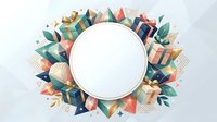 Colorful geometric shapes and leaves frame a blank white circle on isolated background, ready for text, logos, or design elements for marketing materials and social media graphics.