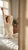 Young Asian woman stretching arms above head while sitting on bed in bright morning sunlight wearing cream pajamas in cozy bedroom for wellness lifestyle.