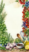 Watercolor culinary frame featuring fresh herbs, ripe tomatoes, garlic, and cooking utensils arranged on cream background. Ideal for recipe cards, cookbooks, and food-related designs.