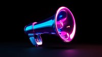 Glowing neon megaphone in vibrant blue and pink colors on dark background with dramatic lighting effects, modern communication concept for marketing and promotion.