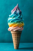 Rainbow swirled soft serve ice cream in waffle cone against turquoise background. Vibrant pastel colors create playful summer dessert composition.