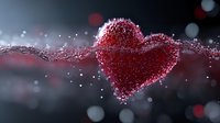 Red heart shape with sparkling water droplets and bokeh effects floating in dark space, romantic Valentine's day concept with splashing liquid motion and dreamy atmosphere.