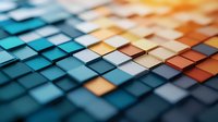 Geometric pattern of gradient colored squares transitioning from deep teal blue to warm orange and brown tones creating modern abstract mosaic background.