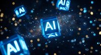 Glowing blue AI cubes floating in digital space with bokeh lights and network connections representing artificial intelligence technology concepts.