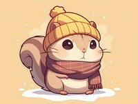 Adorable cartoon squirrel wearing yellow knit winter hat and brown striped scarf standing in snow, kawaii style character with big eyes and chubby cheeks.