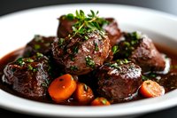 Tender beef bourguignon with glazed carrots and fresh herbs in rich wine sauce served on white plate, close up view of classic French cuisine preparation.