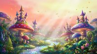 Enchanted fairy tale mushroom village with magical castles, glowing sunlight, lush greenery, and a sparkling stream in a fantasy landscape.