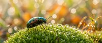 Iridescent green beetle on moss with golden bokeh lights creating magical forest atmosphere for nature photography and macro insect studies.