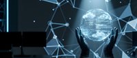Silhouetted hands holding glowing digital globe with network connections, representing global technology, data connectivity, and worldwide business innovation.