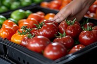 Fresh ripe red tomatoes in black plastic crate at farmers market, hand selecting produce. Close-up view shows vibrant color and natural stems.