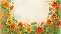 Watercolor nasturtium floral border with orange and yellow blooms, green leaves, and vines on a soft pastel background, perfect for cards and prints.