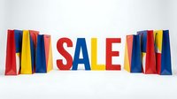 Colorful shopping bags surrounding bold SALE letters in red, blue, and yellow on white background, perfect for retail promotions and seasonal discount campaigns.