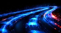 Abstract glowing blue and red light trails creating dynamic curved paths against dark background, suggesting high-speed motion and digital connectivity.