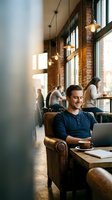 Young Caucasian man working on laptop in modern industrial coffee shop with exposed brick walls and pendant lighting for remote work concepts.