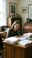 Middle-aged Caucasian woman with glasses reading documents at wooden desk in traditional home office with books and framed artwork for professional content.