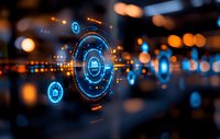 Futuristic digital interface with glowing blue circular elements and holographic displays against blurred bokeh background, showcasing advanced technology visualization.