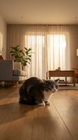 Adorable tabby kitten sitting on wooden floor in cozy modern living room with warm sunlight streaming through curtains creating peaceful domestic atmosphere.