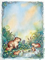 Watercolor capybara family in tropical pond setting with ornate decorative border frame for greeting cards and nature themed designs.