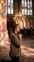 Young Caucasian woman kneeling in prayer inside a cathedral, colorful stained glass light streaming around her, evoking faith and spirituality.