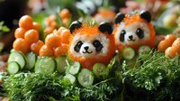 Creative food art featuring panda-shaped rice balls decorated with orange roe, surrounded by fresh cucumber slices and dill garnish on dark background.