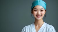 Young Asian female medical professional wearing surgical cap and white uniform smiling warmly at camera against dark green background. Healthcare concept.