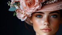 Young woman with striking blue eyes wearing vintage pink hat adorned with delicate roses and baby's breath flowers against dark background, dramatic portrait makeup.