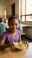 Happy African American girl eating healthy lunch at school cafeteria with classmates in background during meal time.
