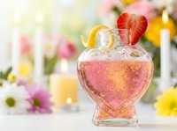 Sparkling pink cocktail in heart-shaped glass with strawberry garnish on bright floral background for romantic celebrations and summer drinks.
