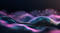 Glowing digital wave particles in motion with pink and blue neon colors against dark background create futuristic technology visualization effect.
