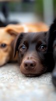 Close-up portrait of brown dog with soulful eyes lying on ground, shallow depth of field creates dreamy atmosphere, second dog blurred in background.