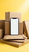 Smartphone with blank screen surrounded by cardboard shipping boxes on yellow background for delivery and e-commerce mockup applications.