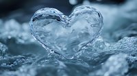 Heart-shaped water splash frozen in motion against blue-toned flowing water background, symbolizing love of nature and environmental conservation.