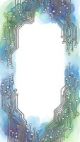 Watercolor circuit board frame with electronic pathways in blue and green tones, white center space for text or design elements on isolated background.