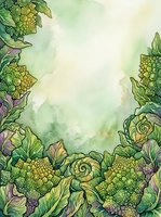 Watercolor illustration of hop flowers and romanesco broccoli arranged as a decorative border frame with soft green and yellow tones, isolated on white background, suitable for brewing labels, culinary designs, and botanical artwork.