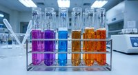 Laboratory test tubes with colorful chemical solutions in metal rack for scientific research and experimentation in modern lab setting.