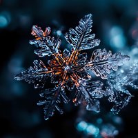 Macro photography of delicate snowflake crystal with intricate patterns and branches illuminated against dark background, showing natural winter frost formation.