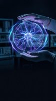 Hands protecting glowing quantum brain particle system hologram with purple neural networks and energy connections in futuristic laboratory setting.