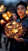 Young Asian man in traditional attire holds illuminated decorative sphere with bird designs against evening bokeh background, creating magical festive atmosphere.