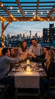 Friends celebrating with wine glasses on rooftop terrace at sunset with city skyline and string lights creating warm atmosphere for dinner party gathering.