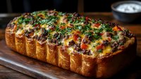 Savory stuffed bread loaf topped with melted cheese, herbs and colorful vegetables on wooden board. Perfect for appetizers, party food and comfort meals.